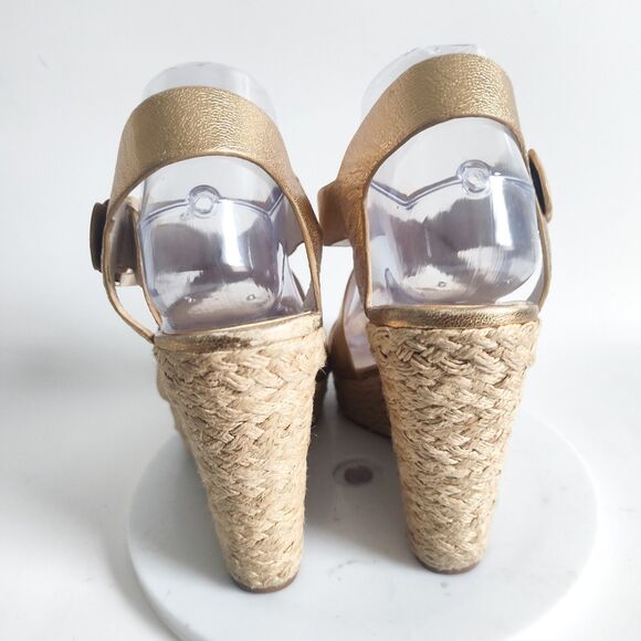 Michael Kors Espadrille Sandals Size 8.5 Platform Gold Leather Giovanna 5" Wedge - Picture 3 of 14